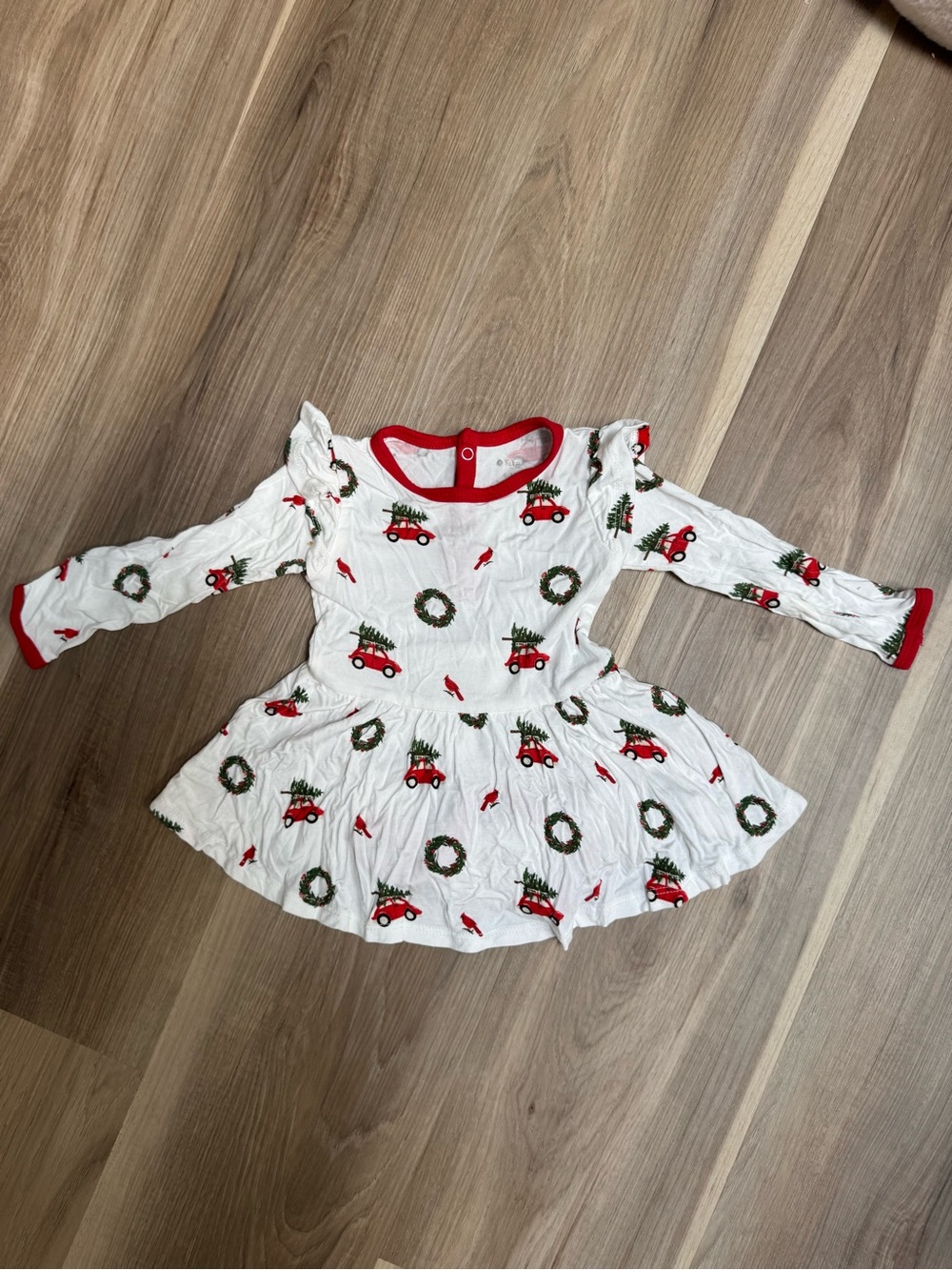 Kyte Baby White Holiday Car & Wreath Long-Sleeve Dress with Red Trim